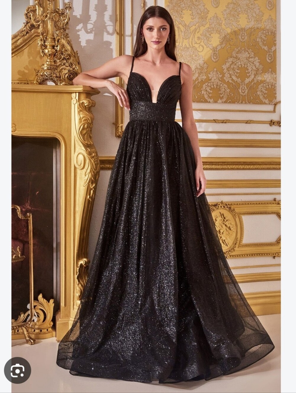 Black size 12 Glitter Tulle A-line Ball Gown w/ Plunging Neckline by LaDivine NW